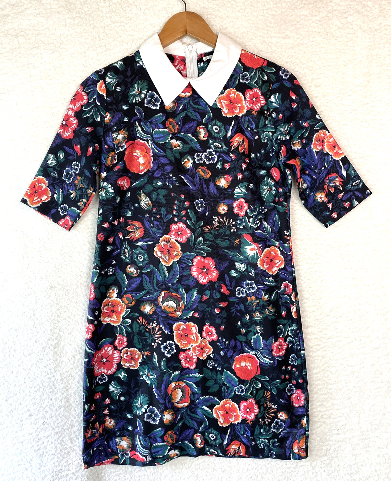 Zara Mini Dress Womens Small Aline Floral S/Sleeve Peter Pan Collar Work Office