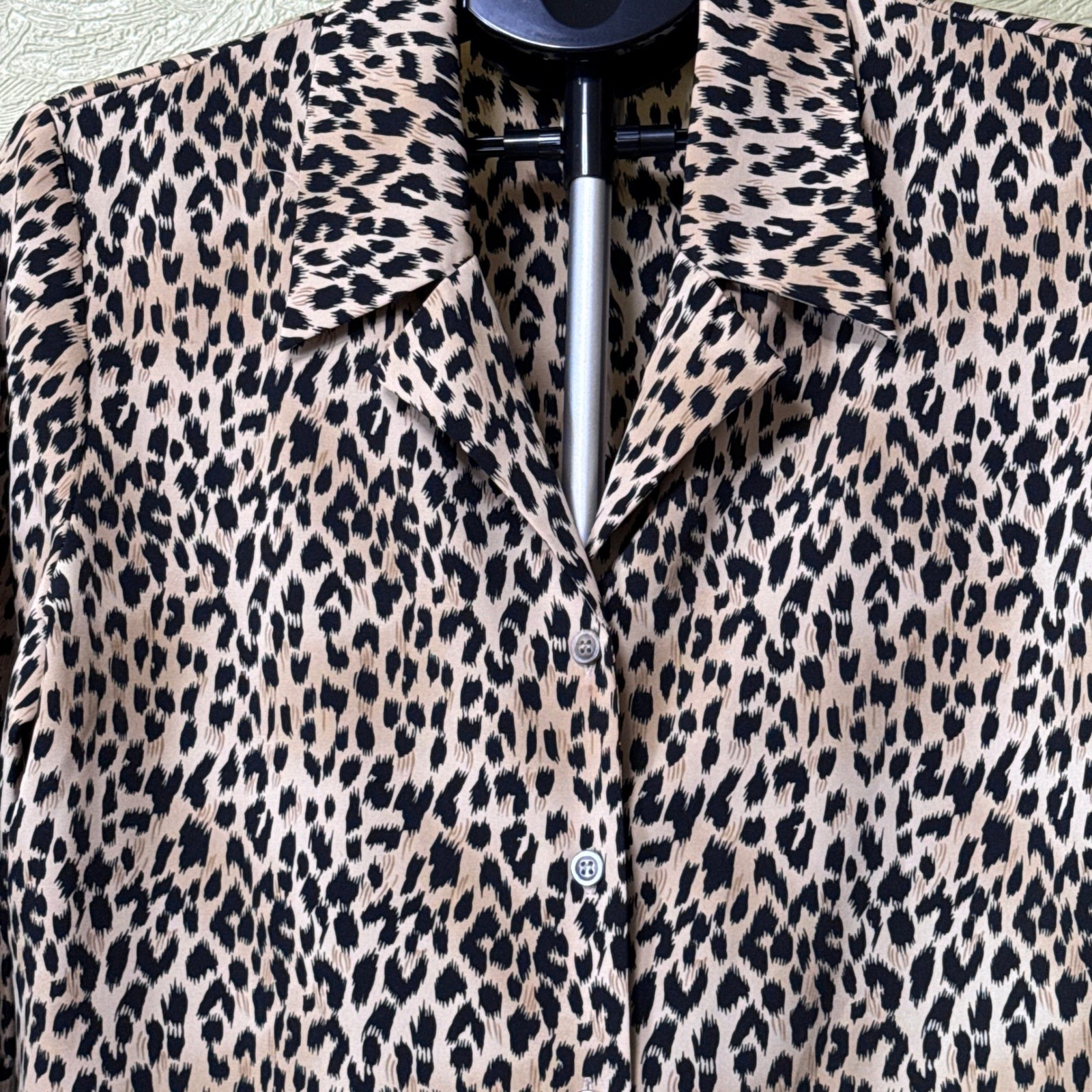 Norton McNaughton Petite Leopard Print Button Front Blouse Tan Black 12P