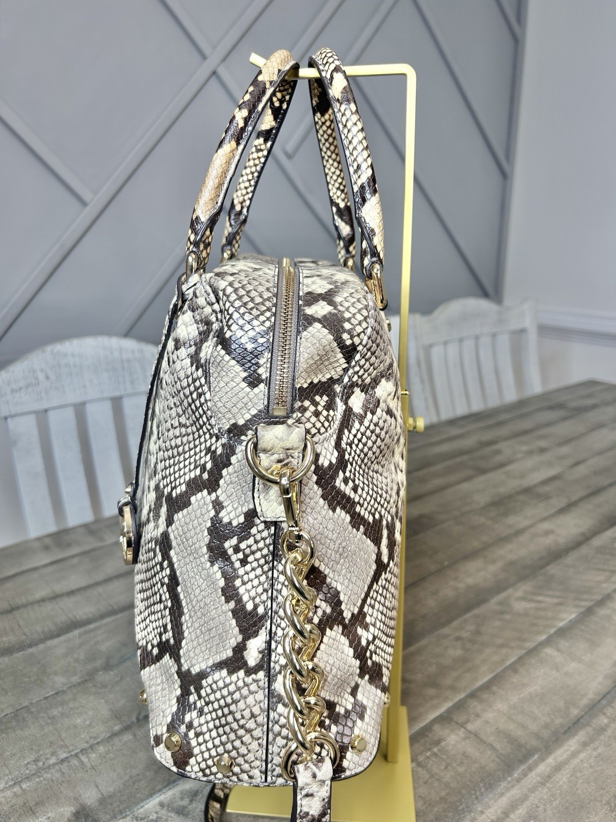 Michael Kors Uptown Astor Python Embossed Leather Studded Satchel Crossbody