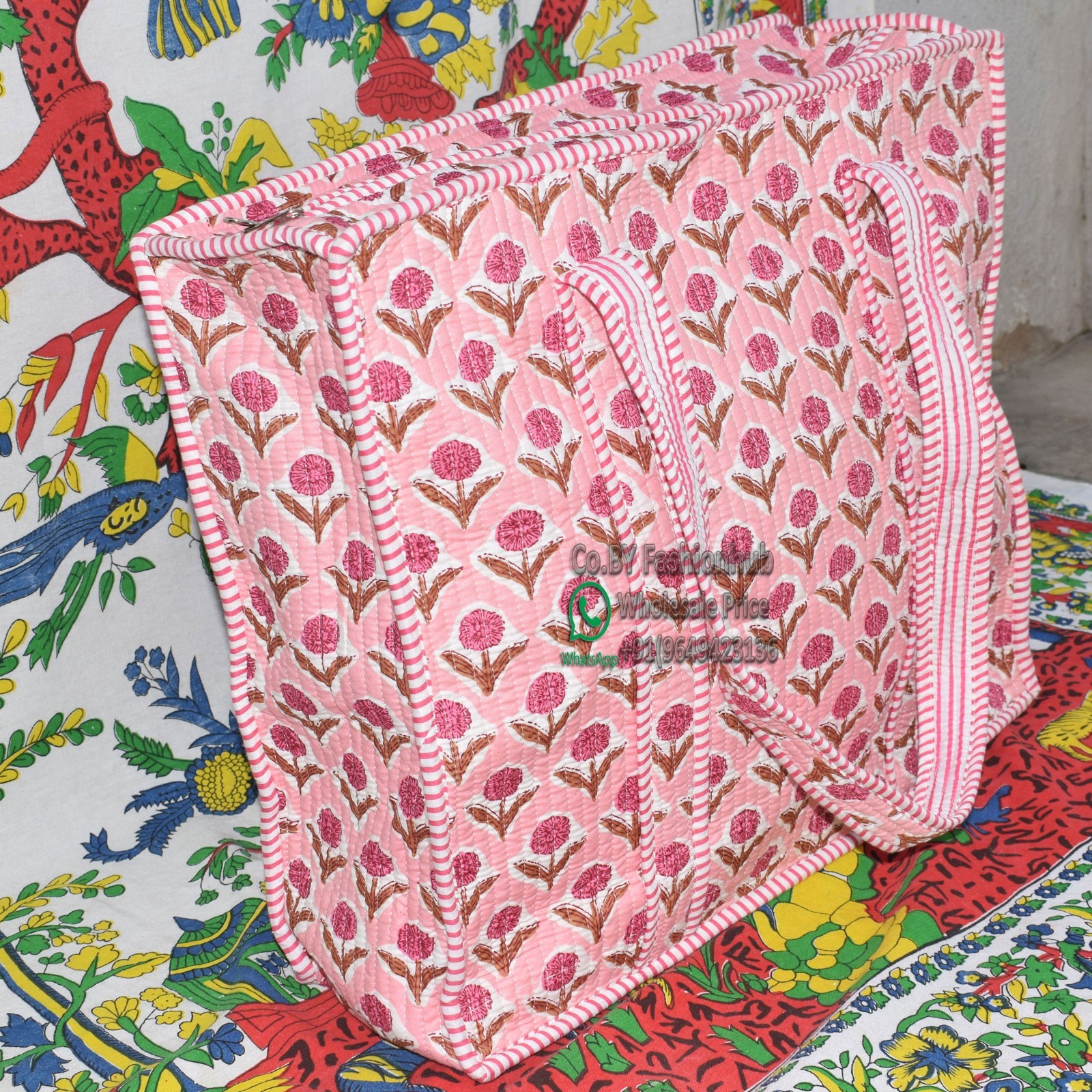 Quilted Tote Bag Handmade Block Print Cotton Handbag Indian Floral Boho Beach