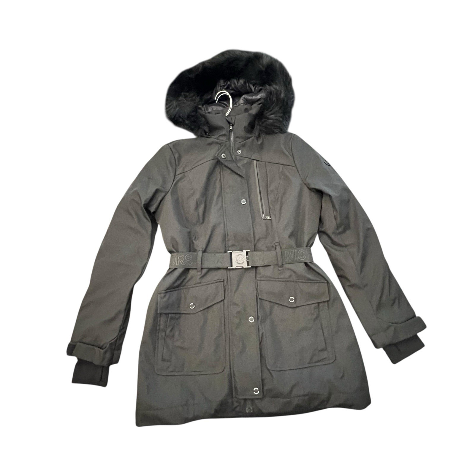NEW Michael Kors Long Black Winter Coat Belted Small Faux Fur Removable Hood