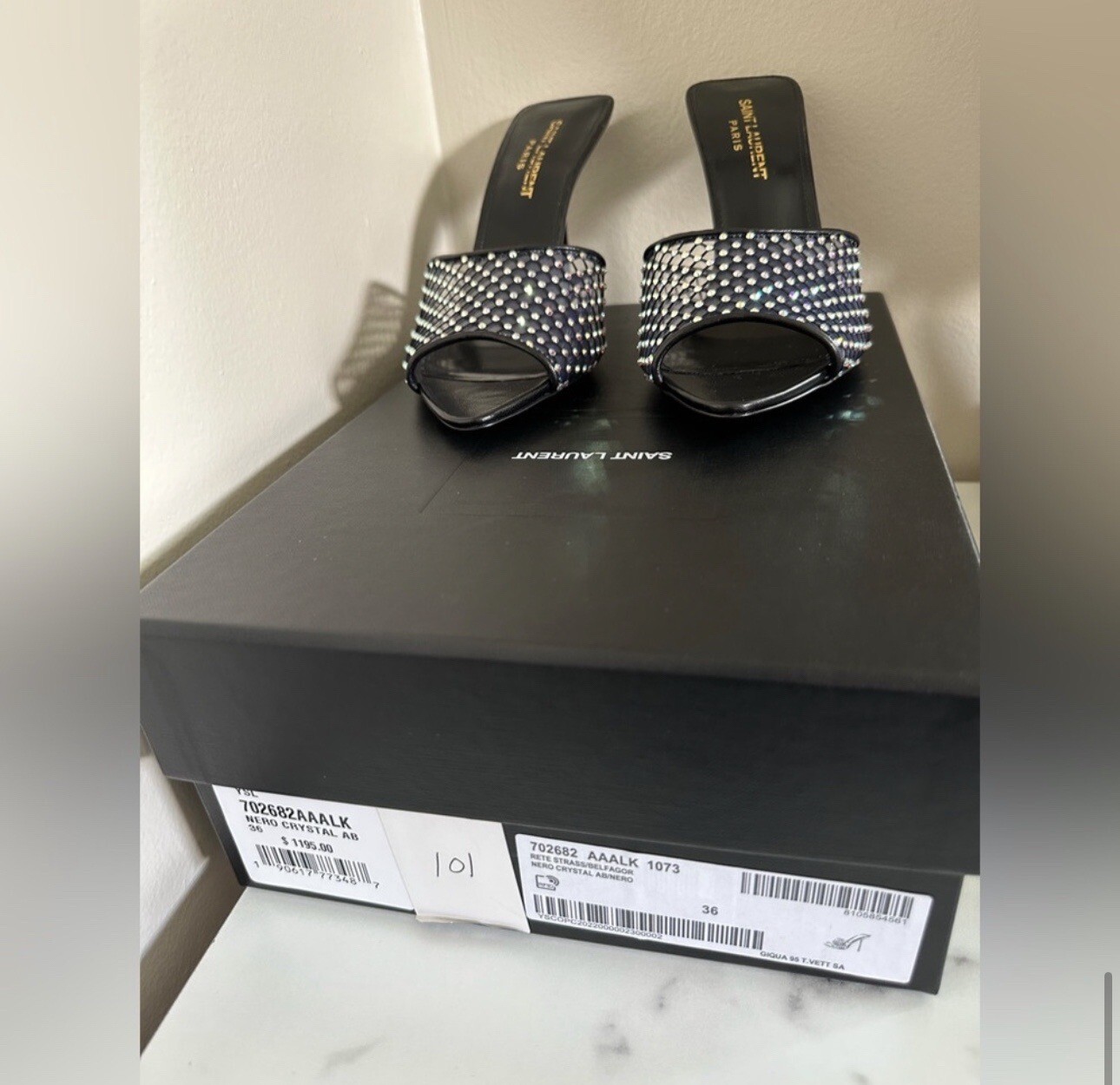 SAINT LAURENT Disco crystal-embellished mesh, PVC and leather mules