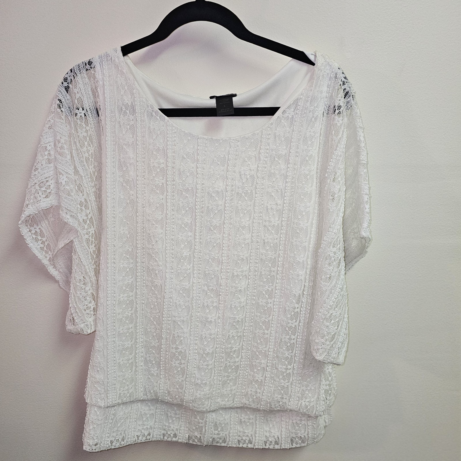 Nu Options Ivory Lace Overlay Semi Sheer Kimono Sleeve Top Gathered Waist SZ L