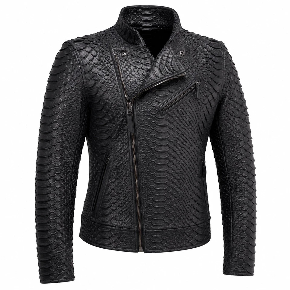 Mens Black King Python Cowhide Leather Biker Jacket Snake Embossed Handmade Moto