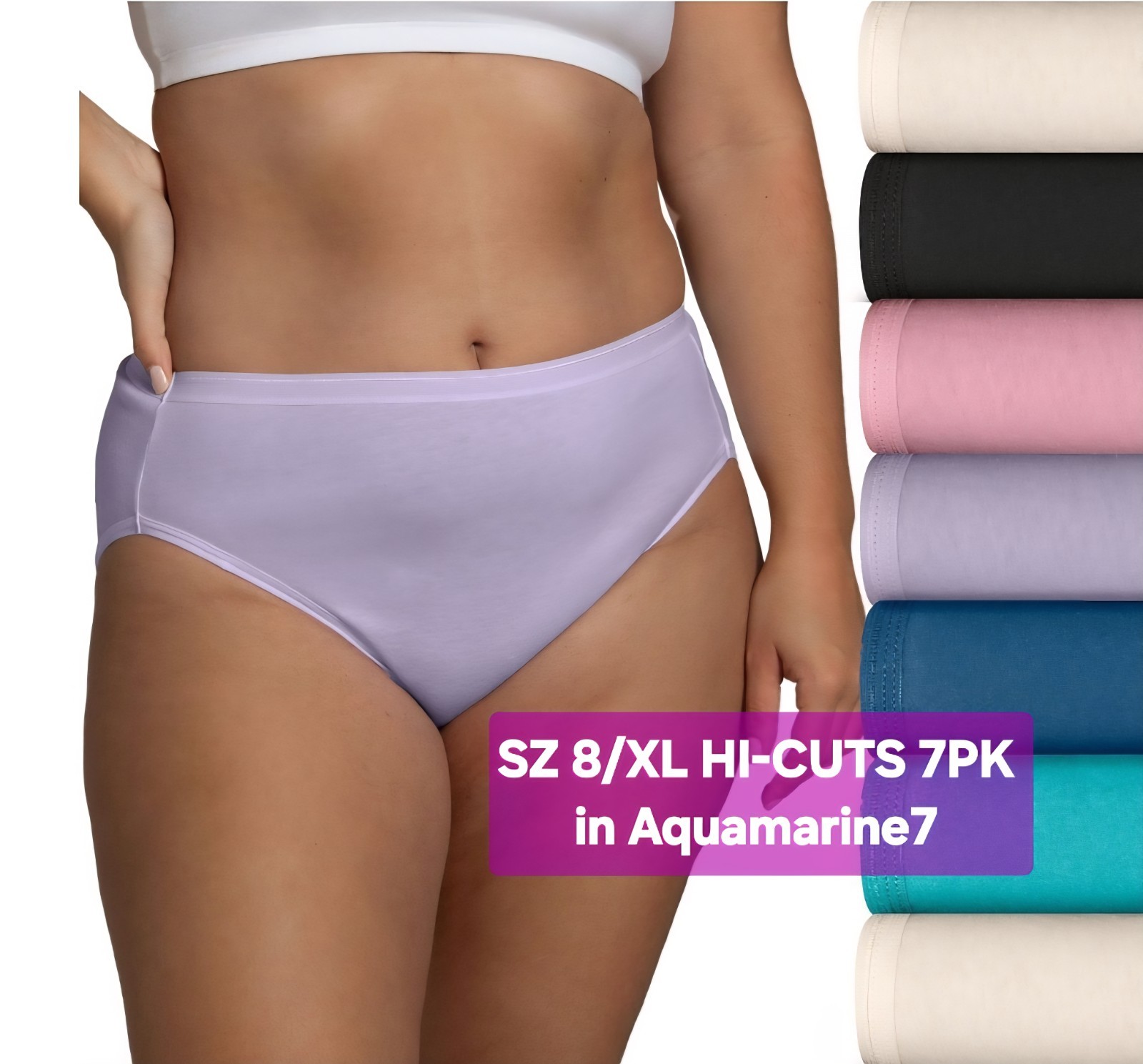 SZ 8 Fruit of the Loom SIGNATURE HI-CUTS 7PK 100% Cotton in Aquamarine7 + Gift