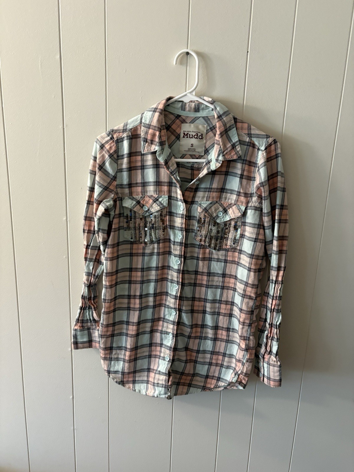 Mudd Y2k Plaid Top Button Down Light Pink Green Women’s Small Cowgirl Country O6