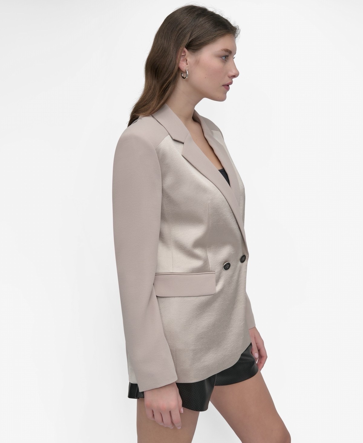 $179 Long-Sleeve Open-Back Jacket Women’s M Pebble Solid Collared Flap Pockets