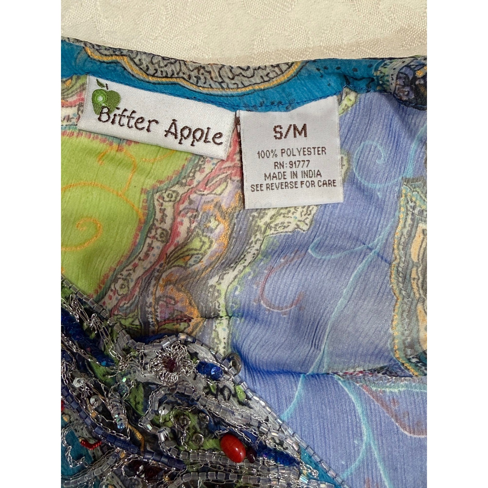 Bitter Apple Tunic Top Womens S/M Blue Paisley Beaded Sheer Boho V-Neck