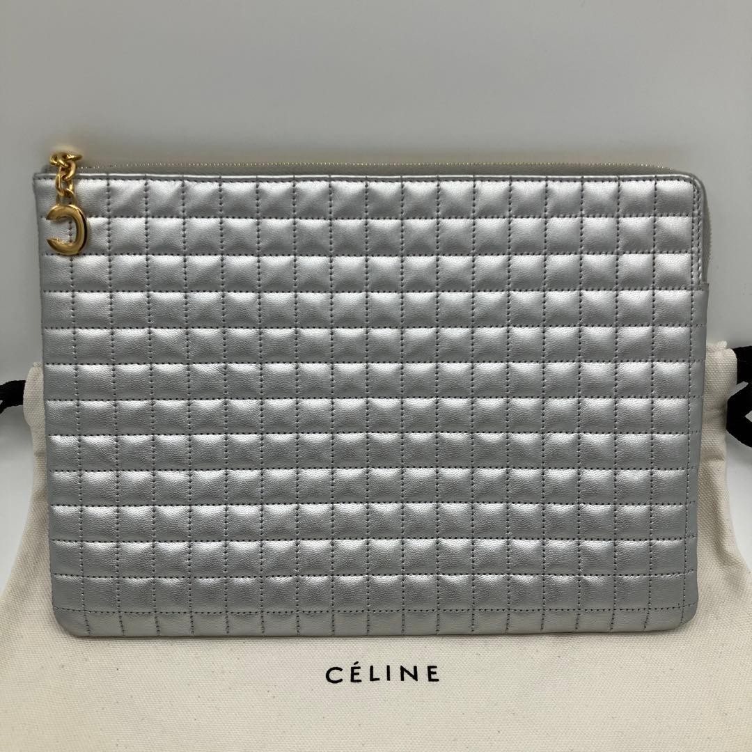 CELINE Quilted Leather Clutch Bag Silver C Charm Authentic Unused Condition
