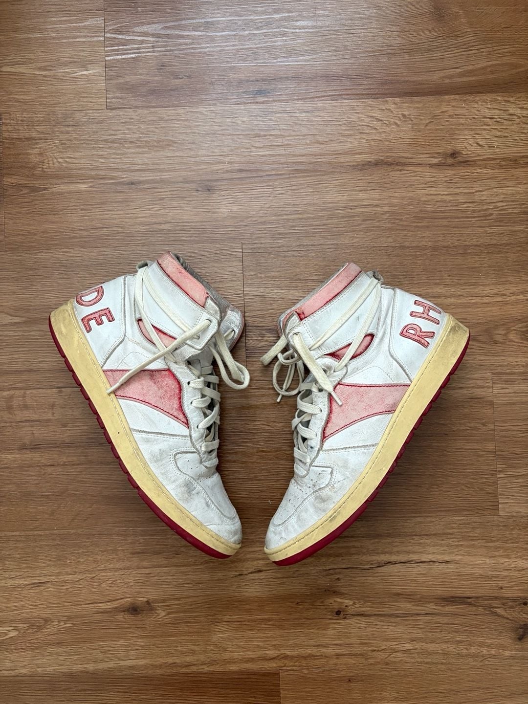 Rhude Rhecess High-Top Sneakers in White and Red