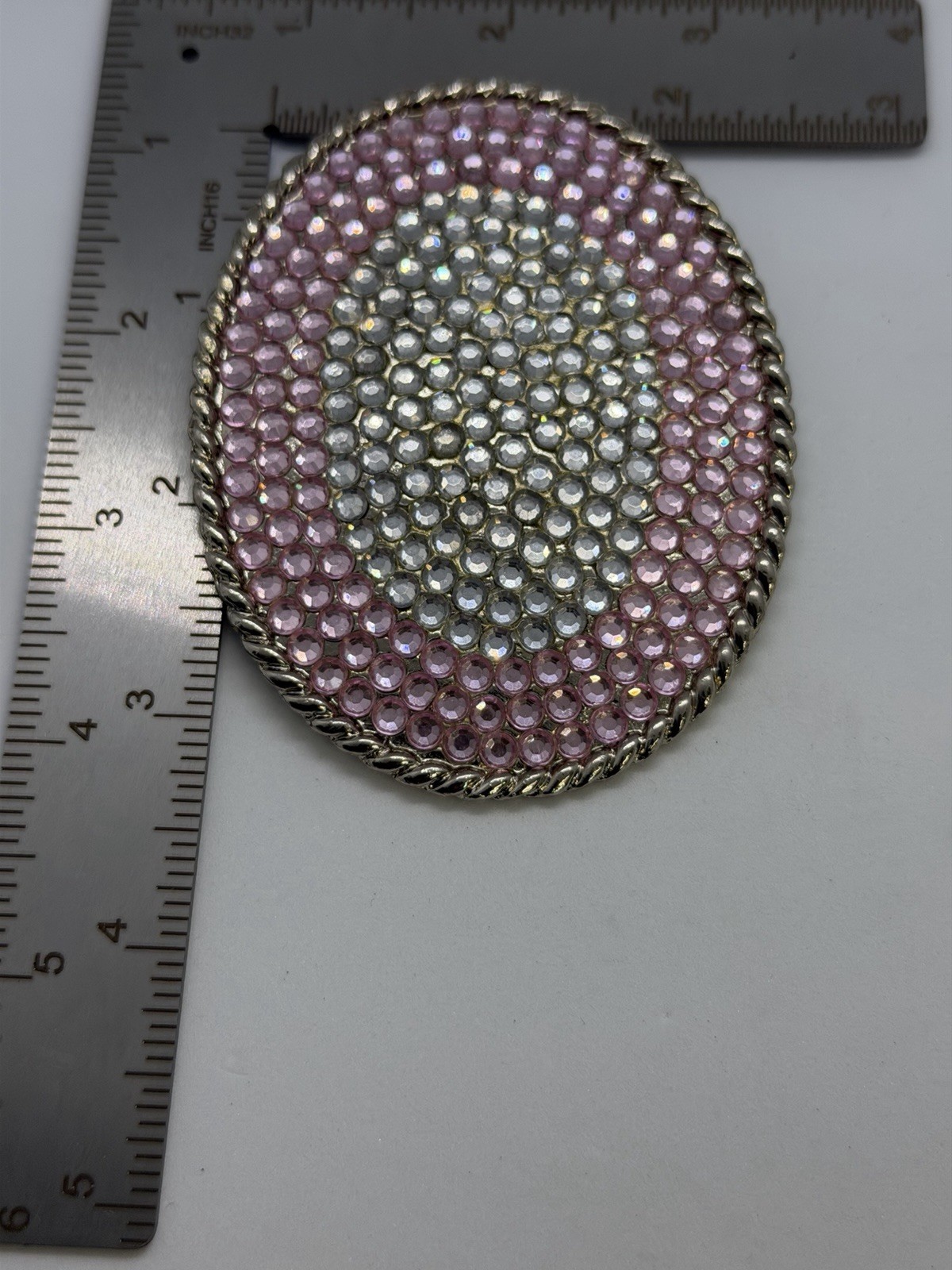 Vintage Pink & Silver Rhinestone Metal Belt Buckle Textured Disco Look 3.5in