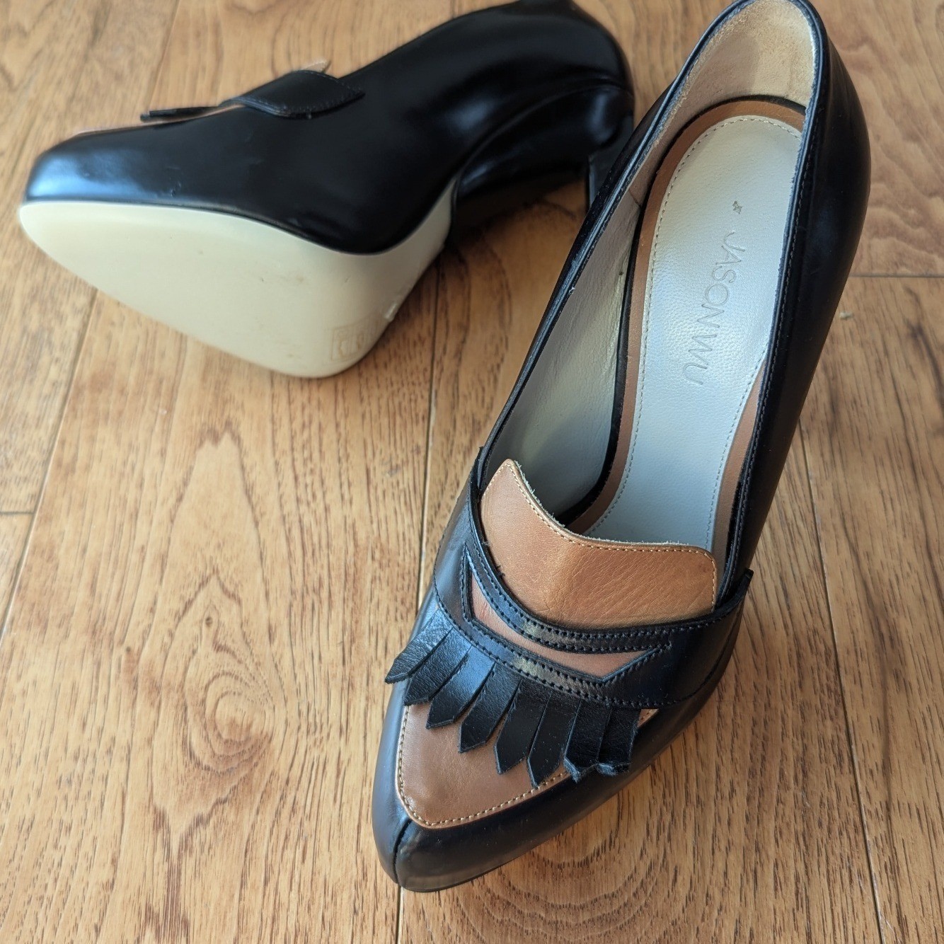 Jason Wu Black Tan Leather Kiltie Fringe Platform Loafer Pumps Stiletto Heels