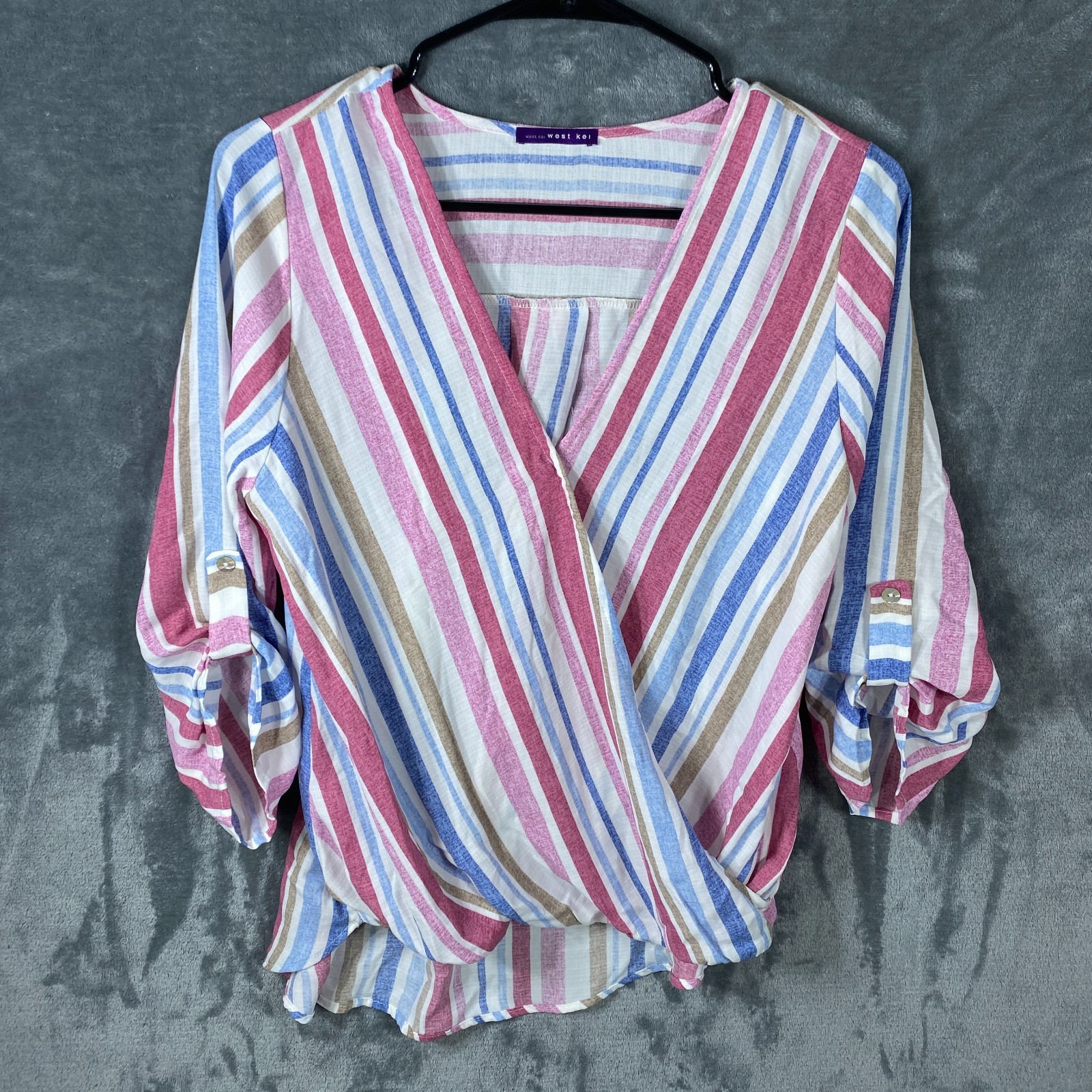 West Kei Top Womens Small Red Striped Blouse Poly Linen Blend Wrap Boho Summer