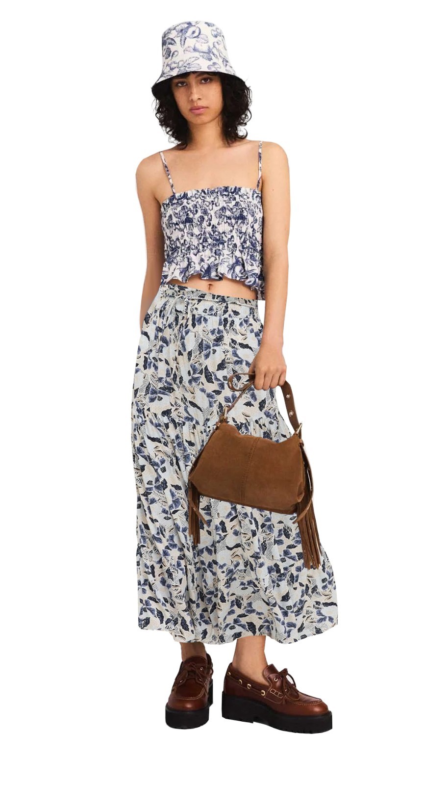 FatFace Fat Face Dark Blue & White Jayla Batik Floral Print Crinkle Skirt 16