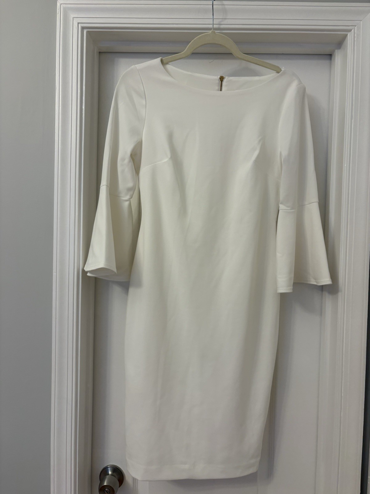 Calvin Klein White Solid Sheath Dress Round Neck Bell 3/4 Sleeve Zip, 2