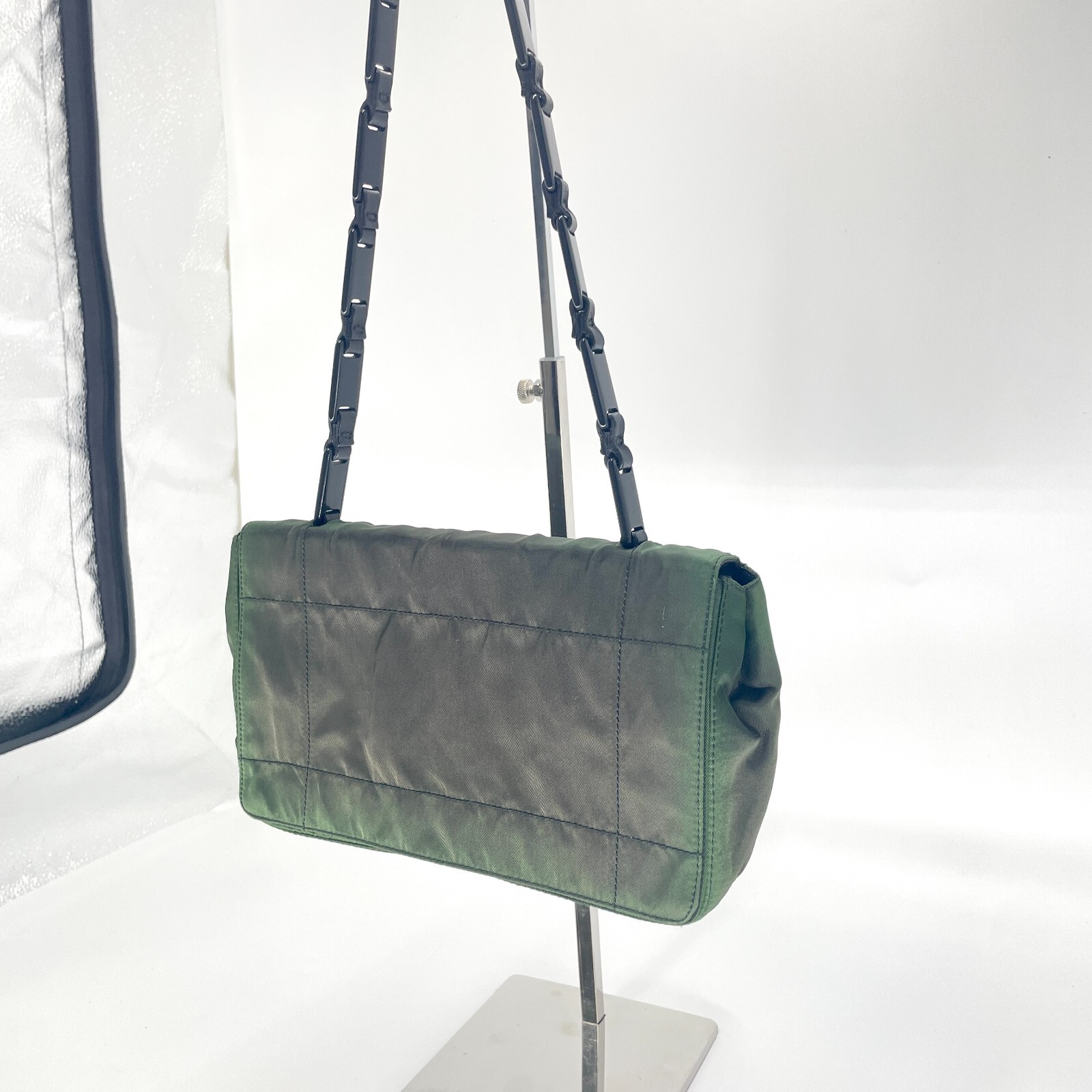 PRADA Chain Shoulder Bag Nylon Plastic Leather Khaki Black 612