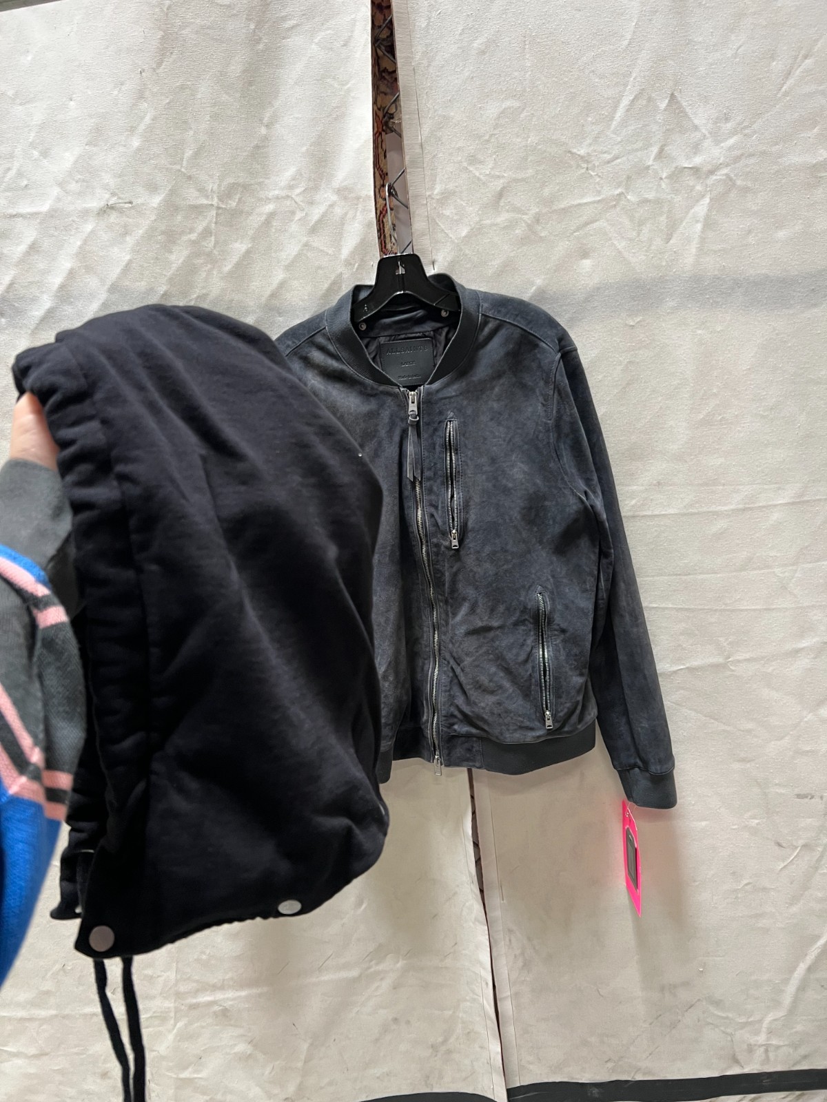 ALLSAINTS Suede Troy Bomber With Detachable Hood, Size Large, NWT $569.00
