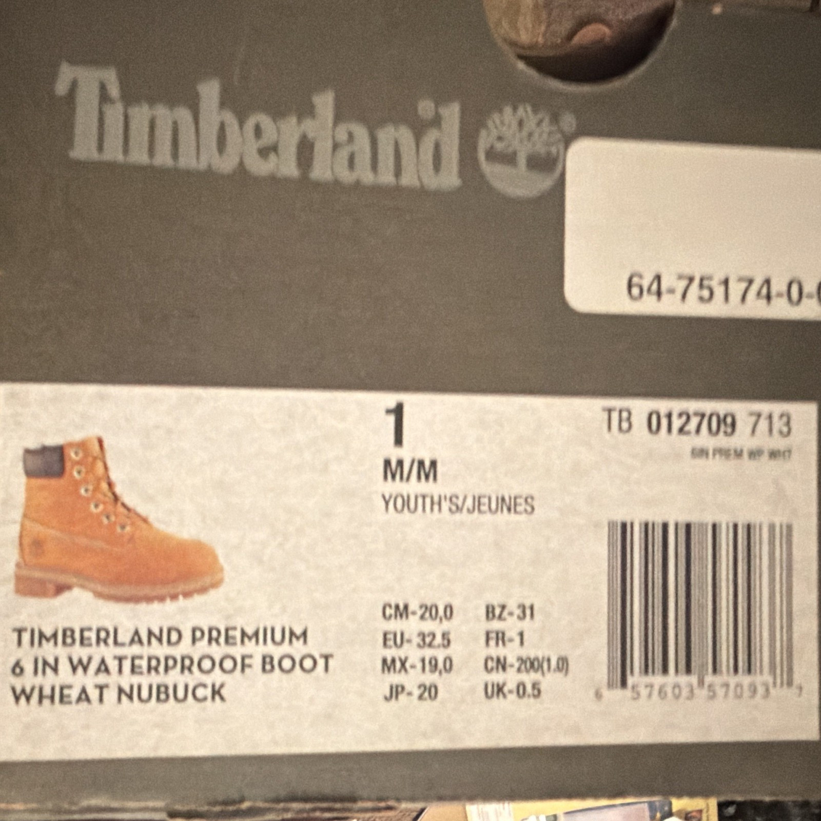 Timberland Premium 6-Inch Waterproof Boot Wheat Nubuck Boys US 1 TB012709