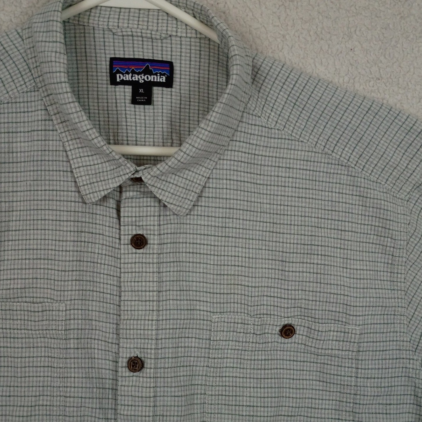 Patagonia Worn Wear Shirt Mens XL Grey Hemp Organic Cotton Grid Short Sleeve