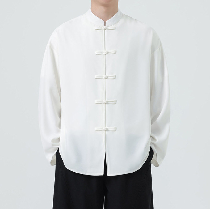Men’s Casual Satin Shirts Chinese Style Tang Suit Frog Button Loose Casual Tops