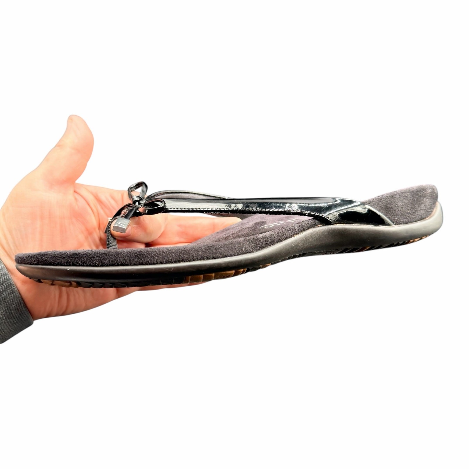 Vionic Bella II Black Patent Bow Thong Sandals Womens Size 10
