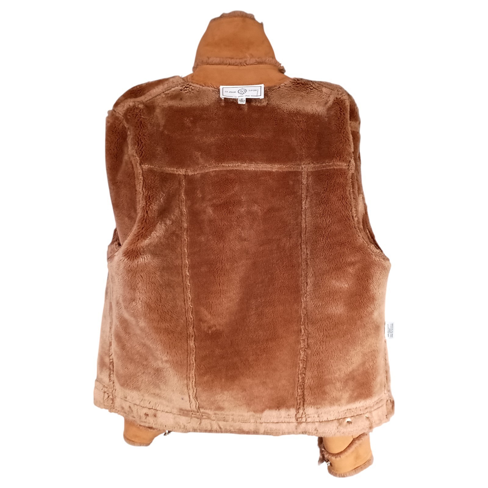 St. John Marie Gray Coat S Womens Brown Overcoat Faux Suede Pockets Shearling