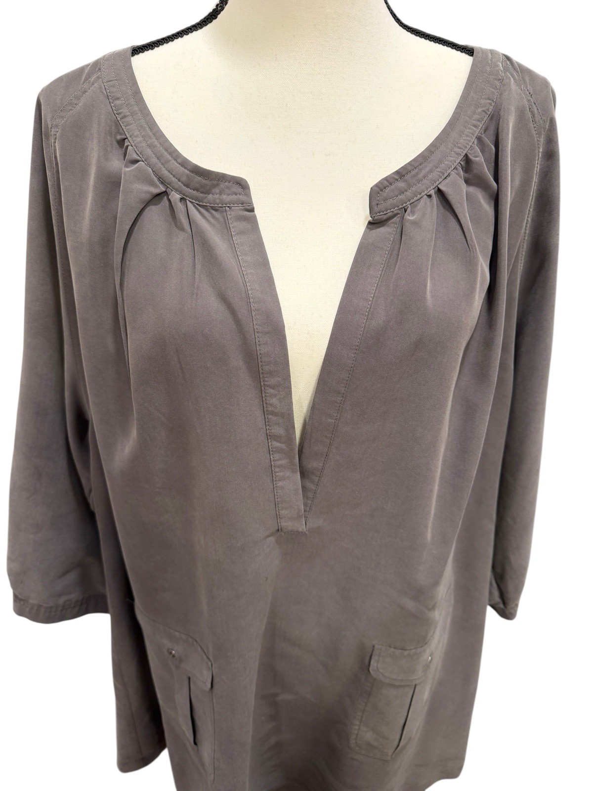 Coldwater Creek Womens Tunic Top 2X Gray V-Neck 3/4 Sleeve Front Pockets Soft