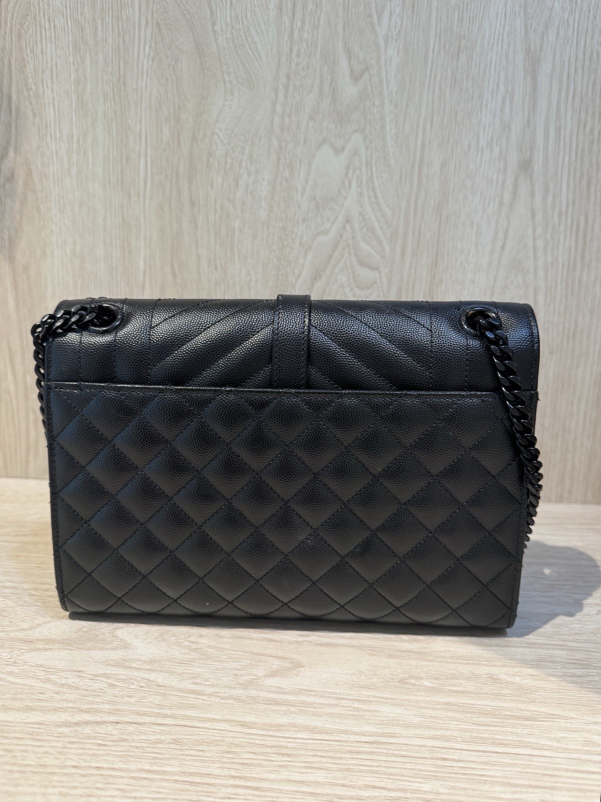 Saint Laurent Black Quilted Grain Leather, Chain Strap Bag, Medium, Logo