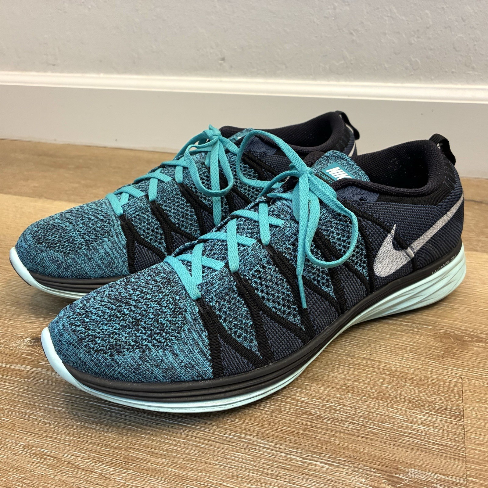 Nike Flyknit Lunar 2 Running Shoes Green Navy Teal Men’s US 14 Size 14
