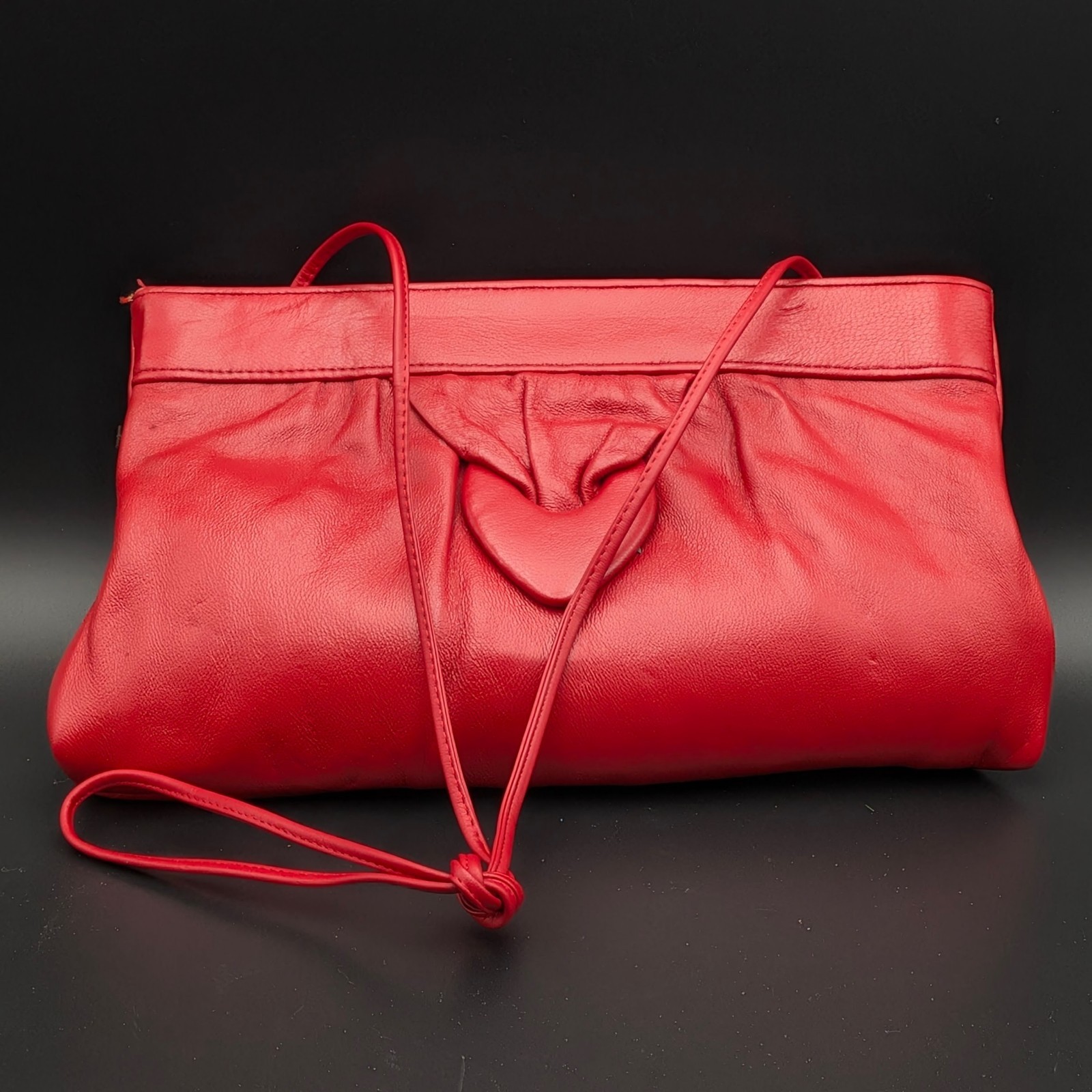 Red Leather Clutch Bag Heart Motif Glove Soft Leather Spring Frame Closure