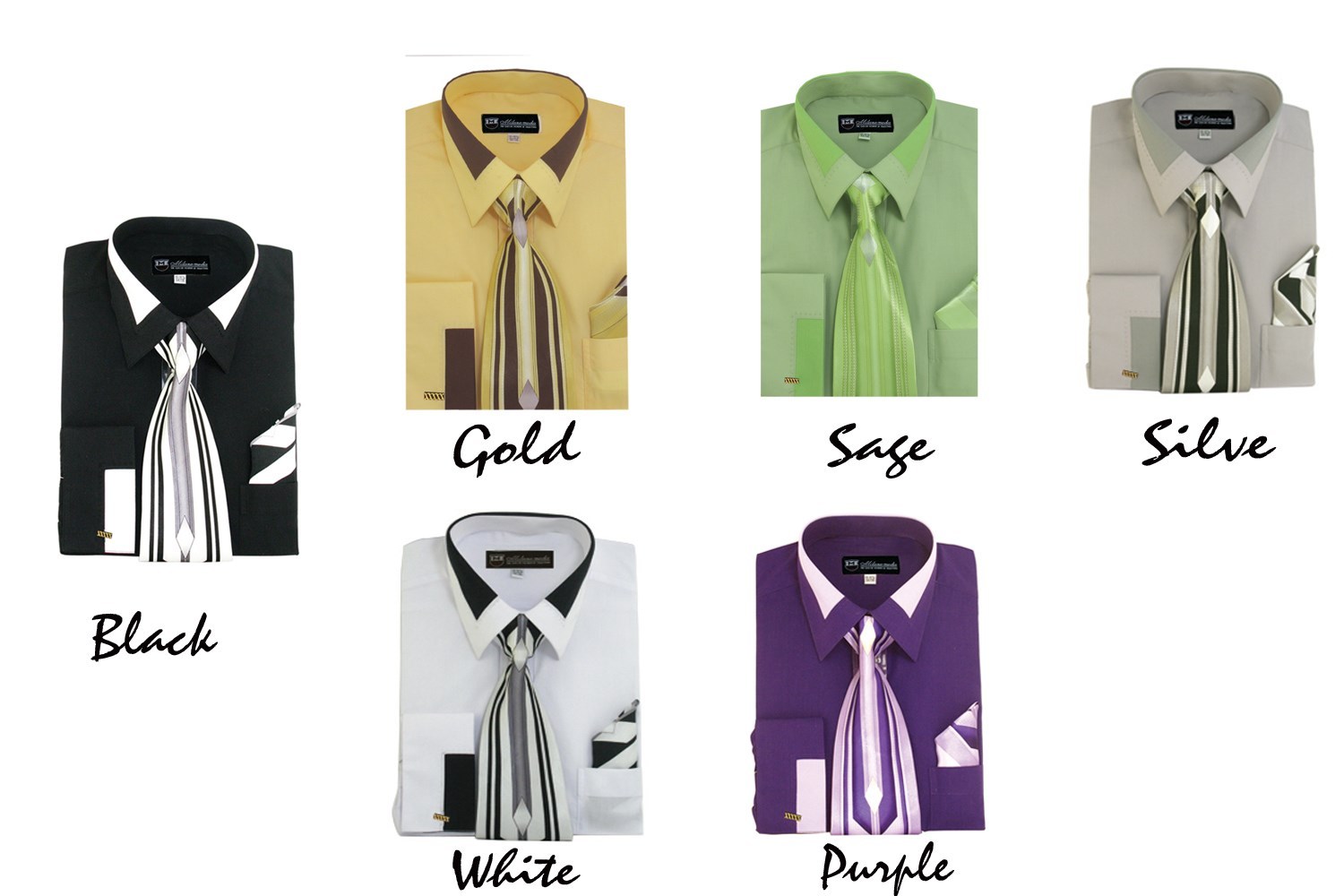 New Men’s French Cuff Dress Shirt + Tie + Handkerchief Set Spread Collar SG34
