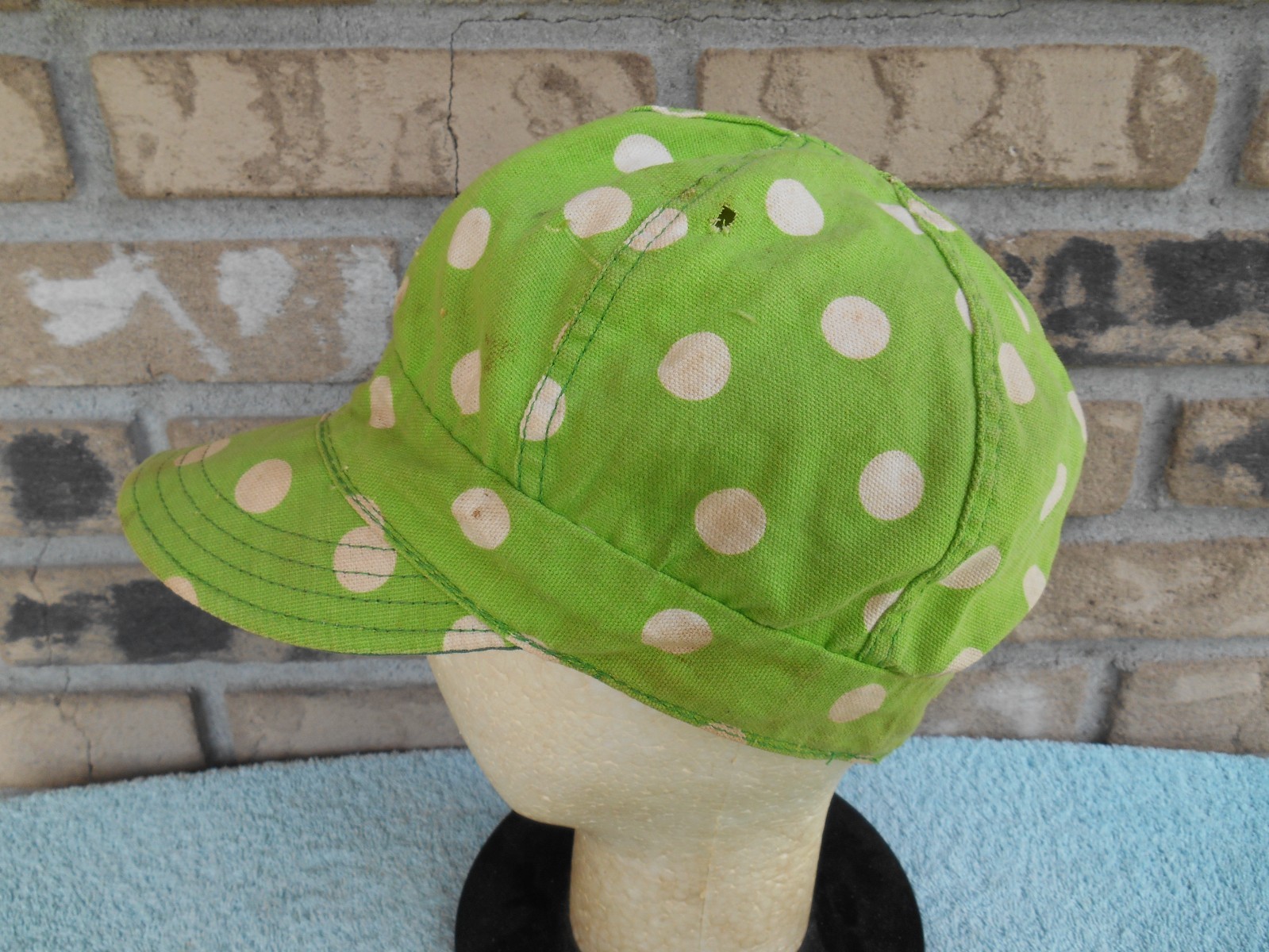 Vintage COTTON WELDERS CAP. GREEN & WHITE DOTS. SIZE SMALL 6-7/8. HAS HOLES!