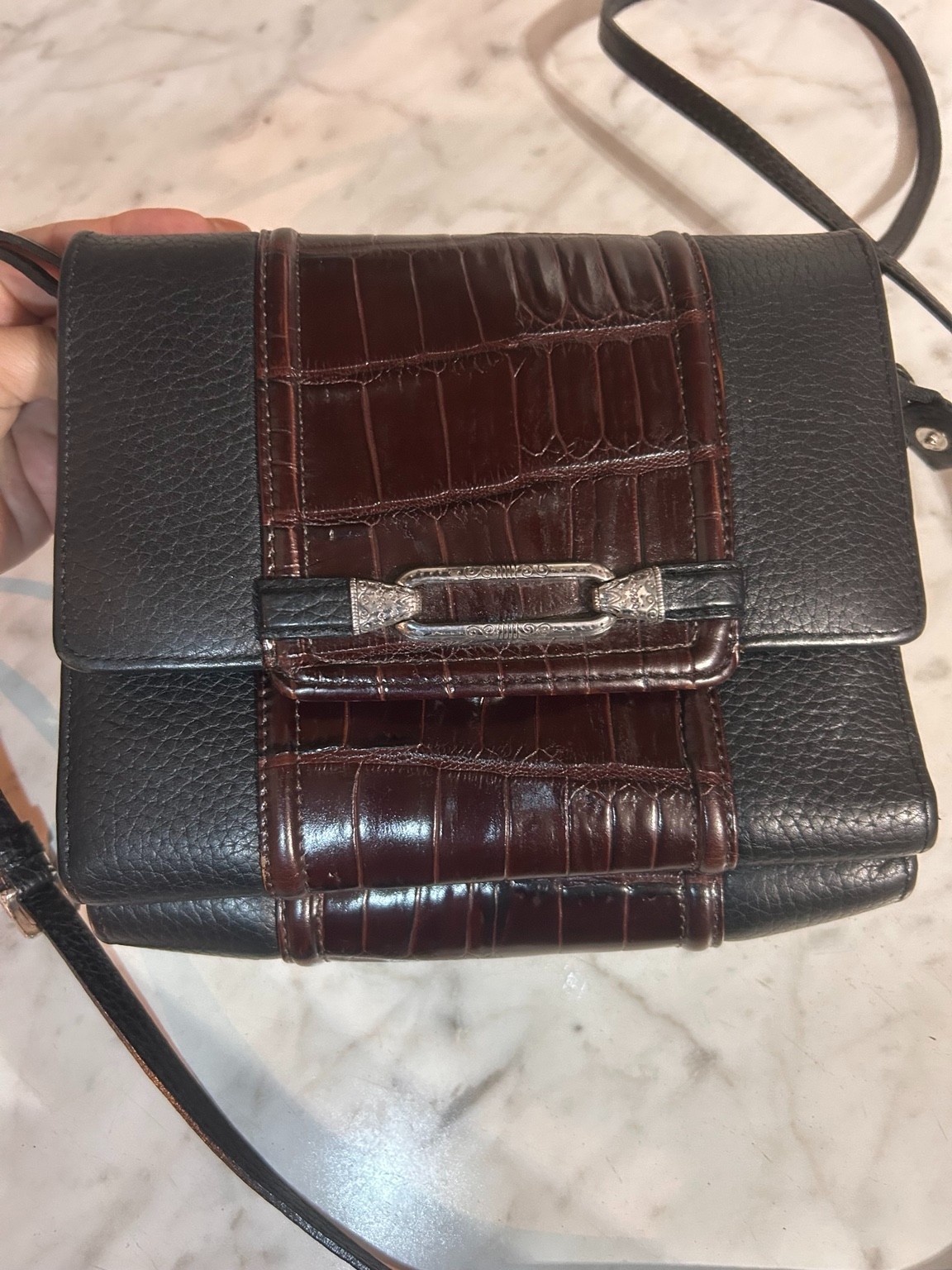 VTG Brighton Black Croc Embossed Leather Wallet Crossbody Organizer Bag Purse