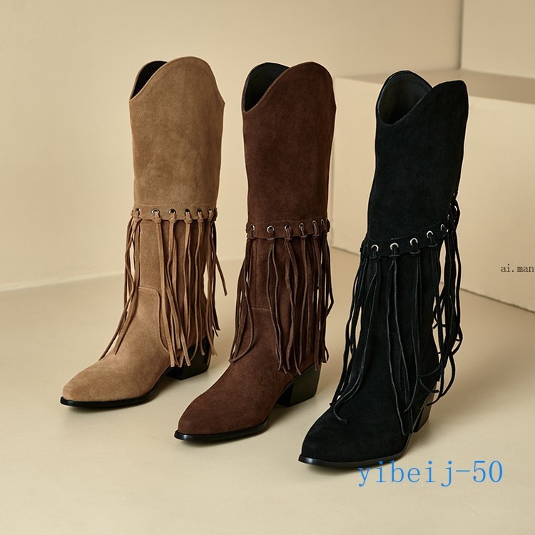 Women Tassel Mid Calf Boot Velvet Western Cowgirl Shoes Dress Formal Fall Winter