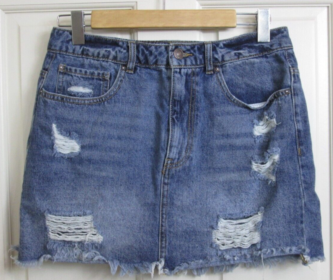 Forever 21 Mini Jean Skirt Womens Size L 30×14 Distressed Fringe 123-30590