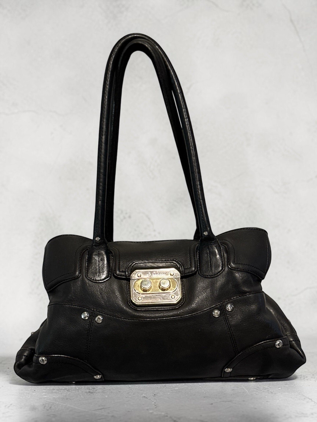 B. Makowsky Slouchy Pebbled Black Leather Satchel Bag W/Burgundy Lining
