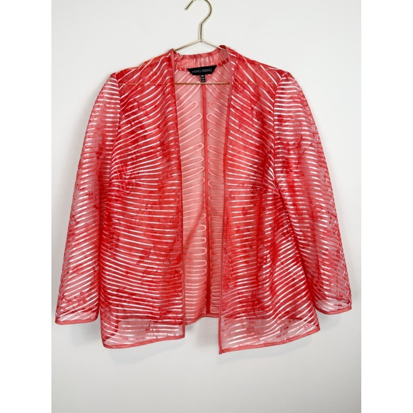 Ming Wang Sheer Stripe Open Front Jacket Topper Coral Size XS