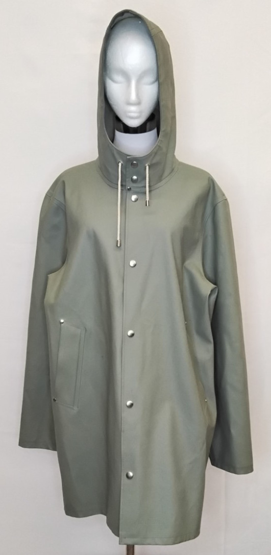 Stutterheim Raincoat Women’s Large Sage Green Long Hooded Pockets #Z5781