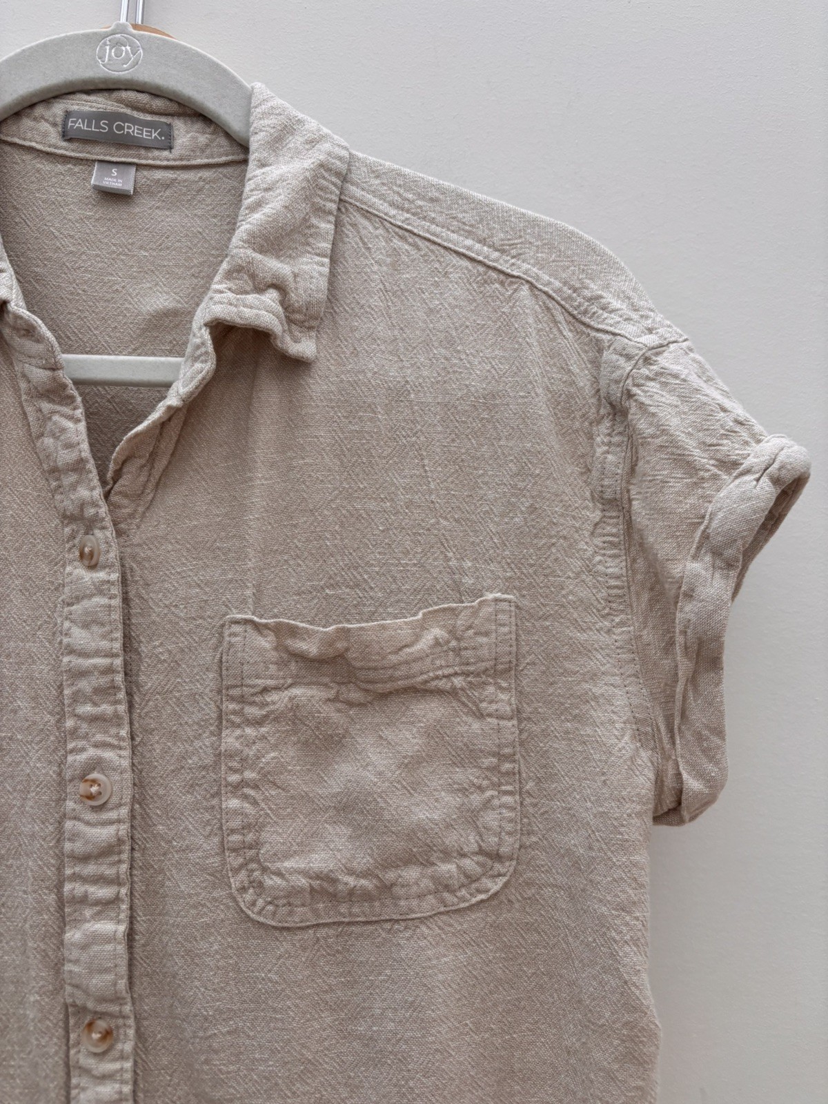 Falls Creek Button Down Shirt Women’s Top Ivory Beige Linen Blend Front Tie Sz S