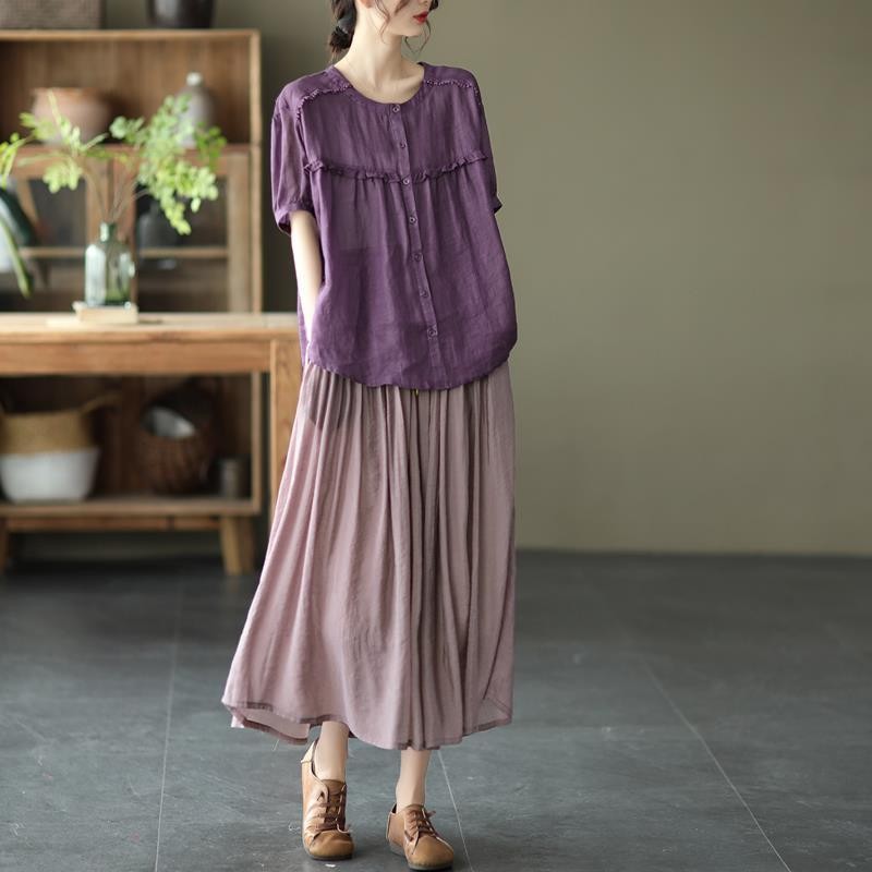 Women’s Cotton Ruffle Trim Blouse Loose Fit Casual Korean Style Solid Color Top