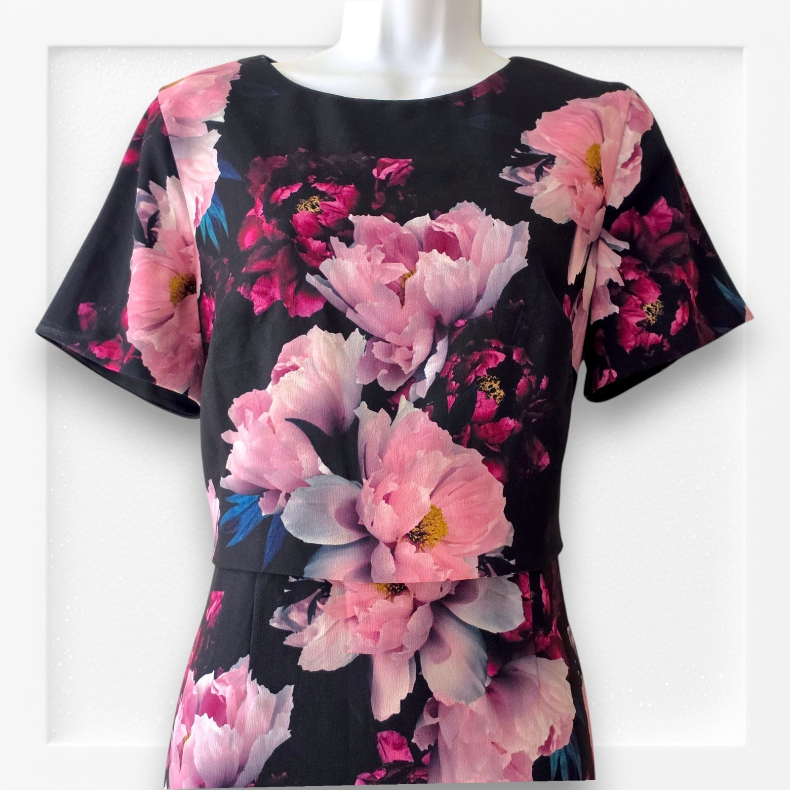 Phase Eight Kaylor Floral UK 12 Black Pink Crepe Pencil Wedding Guest Occasion