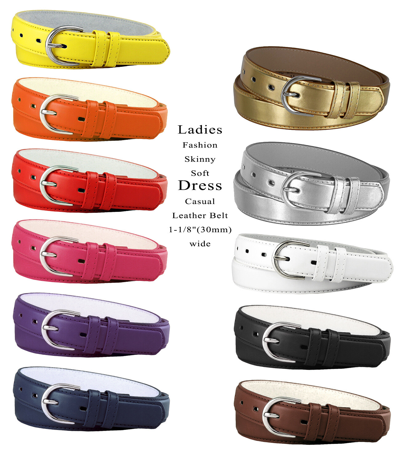 188 Women’s Fashion Skinny Soft Leather Dress Casual Belt 1-1/8″(30mm) wide