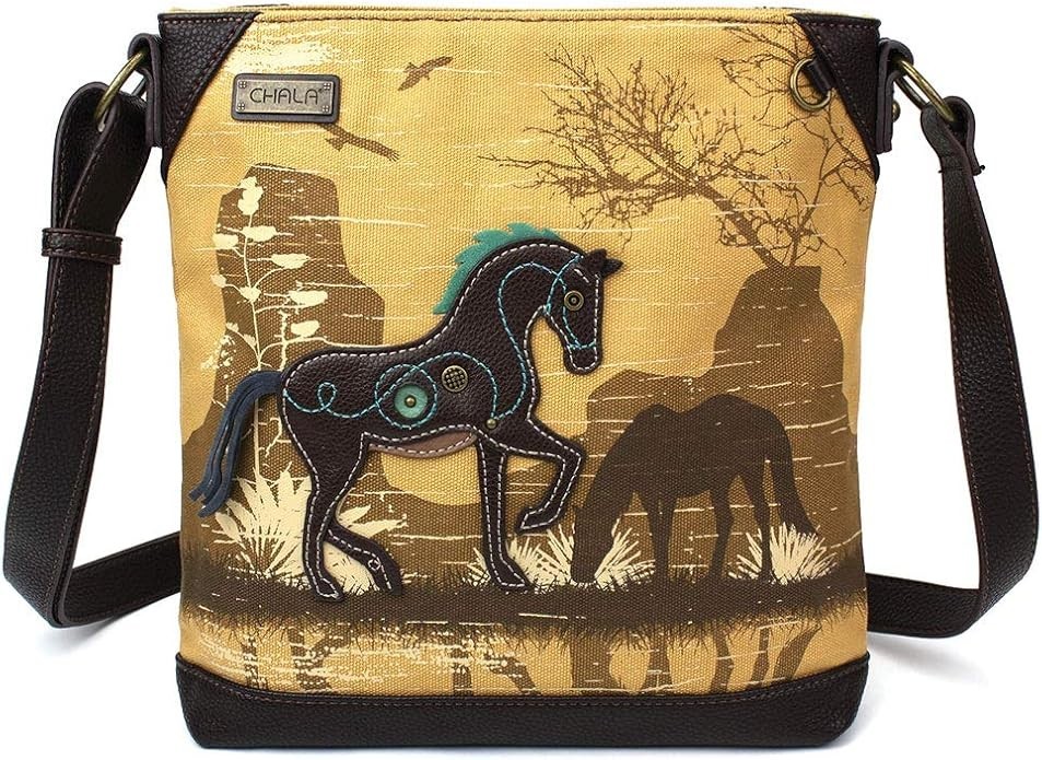 Chala Canvas Crossbody Shoulder Purse with Adjustable Strap – Horses, Brown NWT