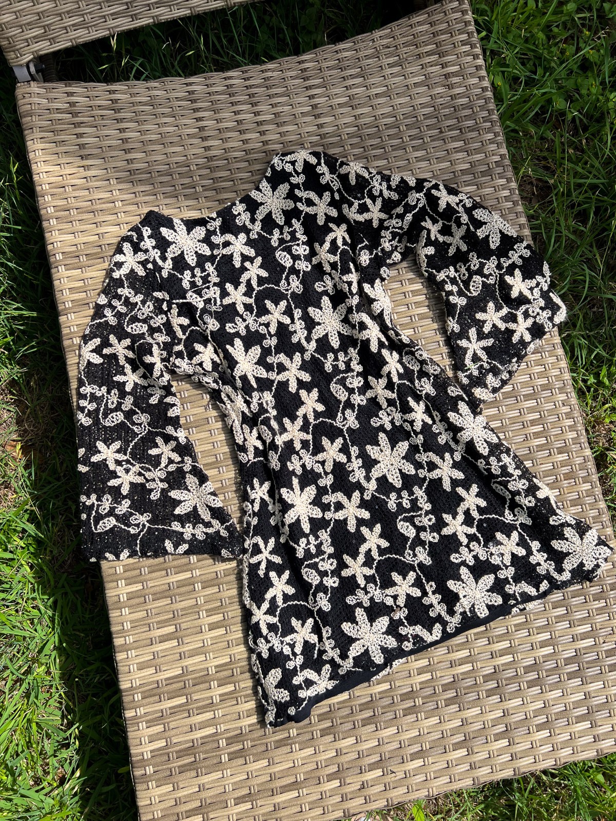 70s Inspired Flower Power Crochet Mini Fit-and-Flare Dress with Bell Sleeves