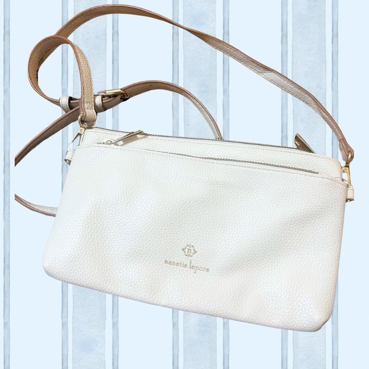 Nanette Lepore Ivory Pebbled Crossbody Bag Zip Lined Pockets Detach Strap