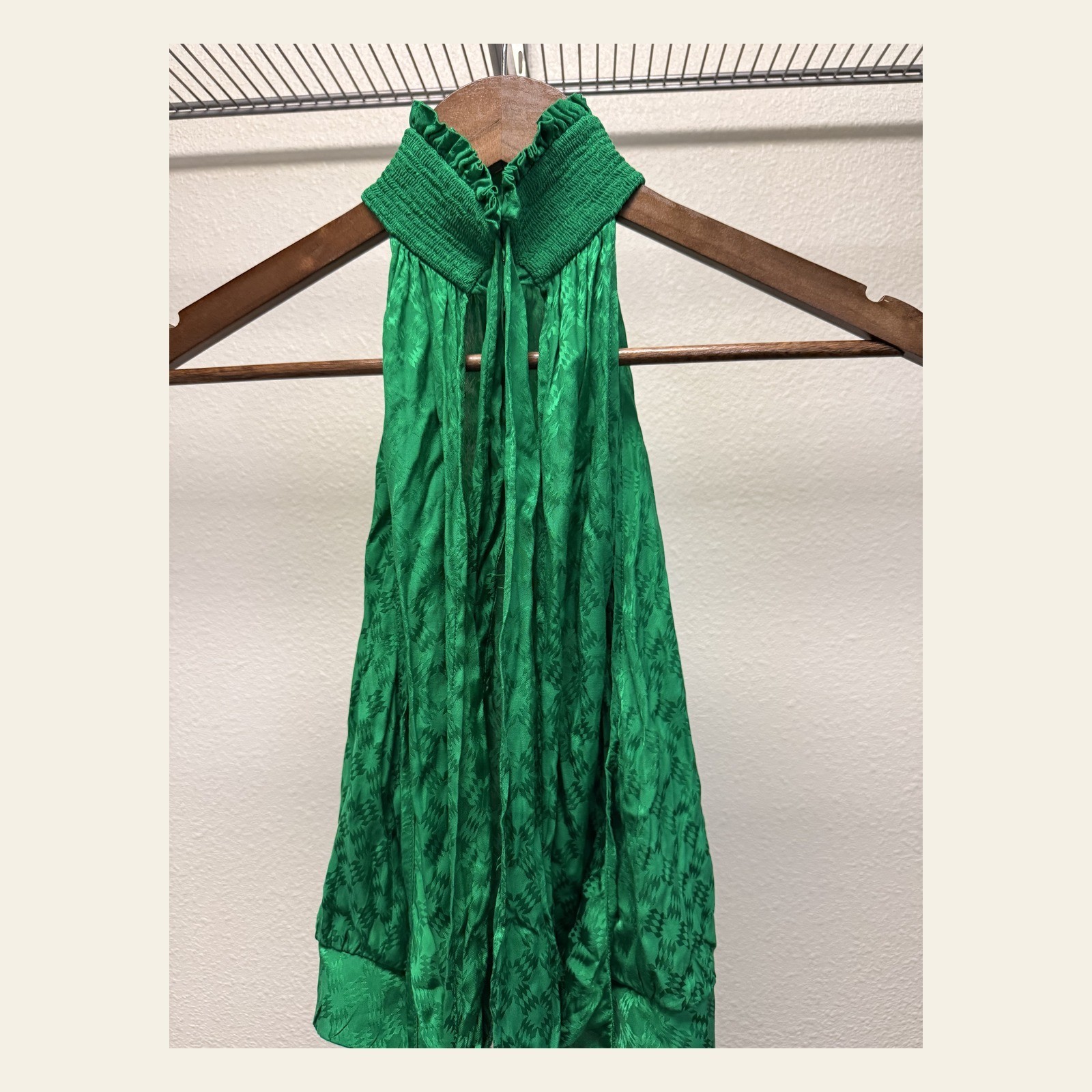 PINKO Emerald Green Jacquard Smocked Halter Top Neck Tie Viscose IT 40 US 4