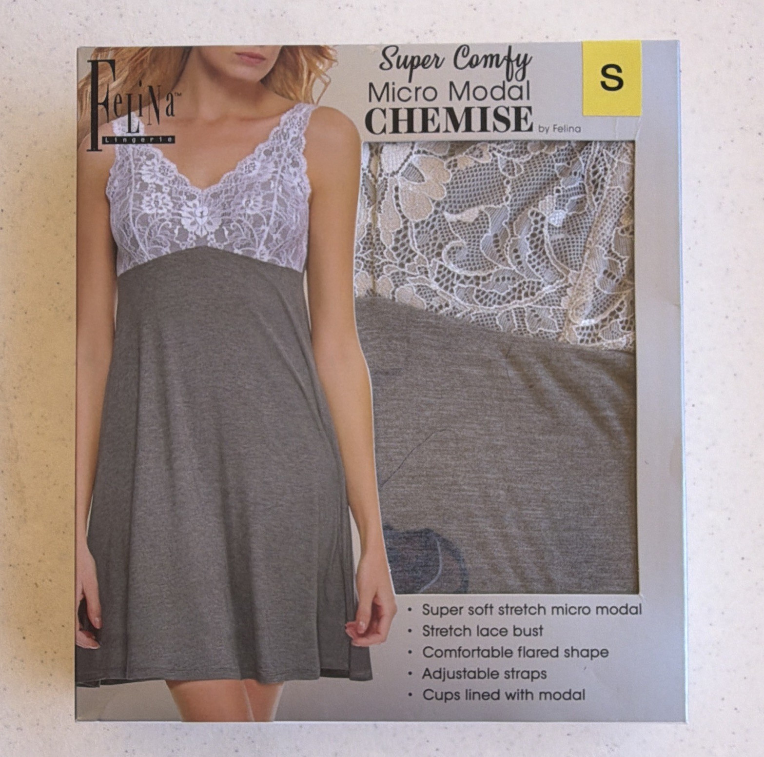 Felina Super Comfy Micro Modal Chemise Lace V-Neck Adj Straps Gray/White S