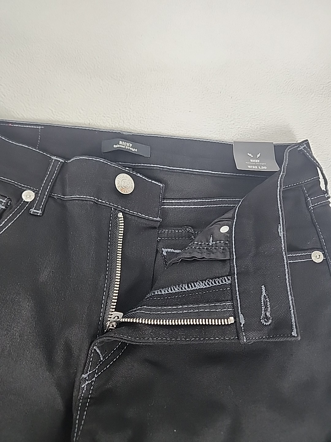 True Religion Ricky Relaxed Straight Denim Jeans 32X30 Men’s Black Flap Stretch