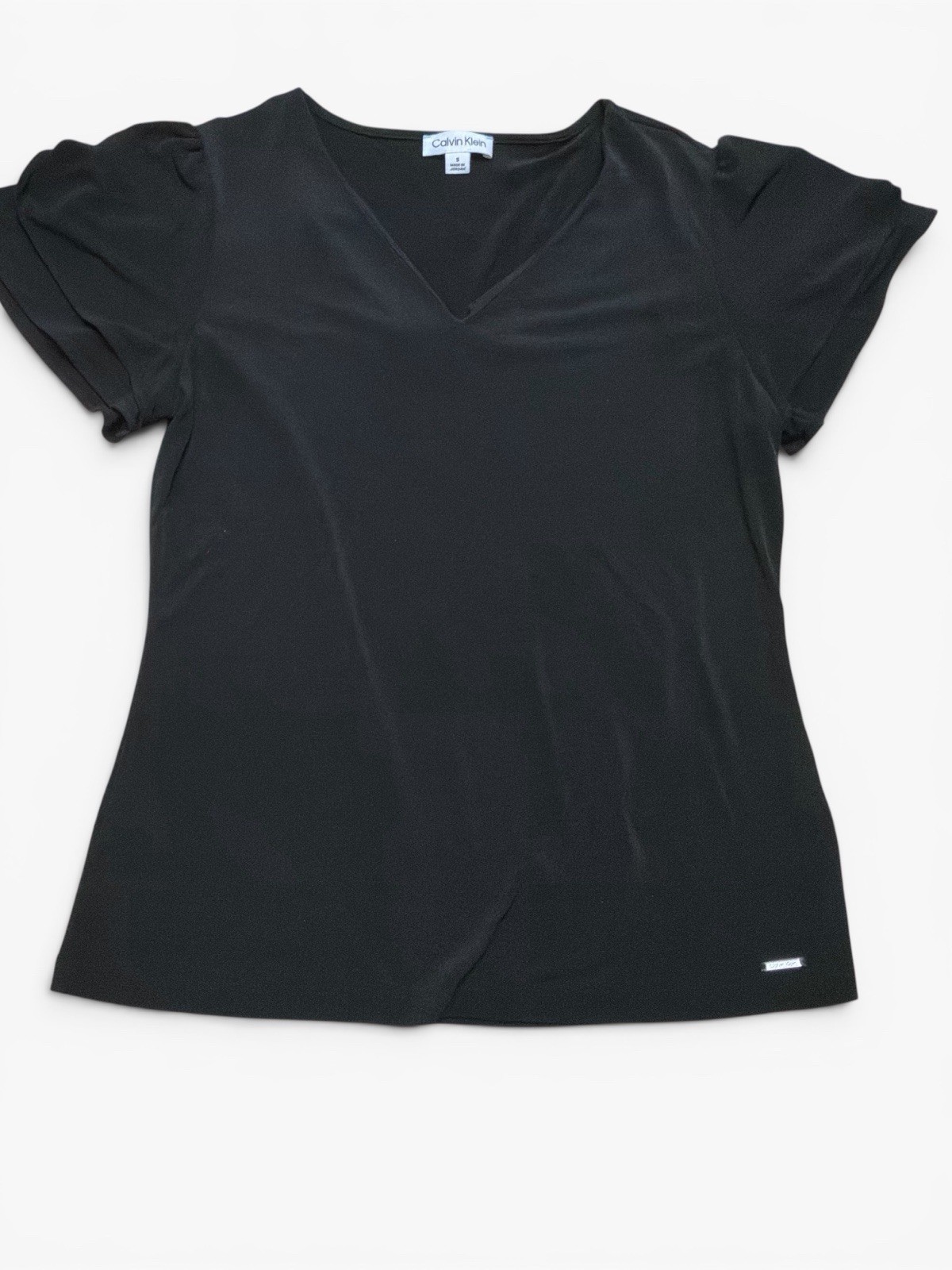 CALVIN KLEIN BLACK V NECK FLUTTER SLEEVE TOP SIZE SMALL