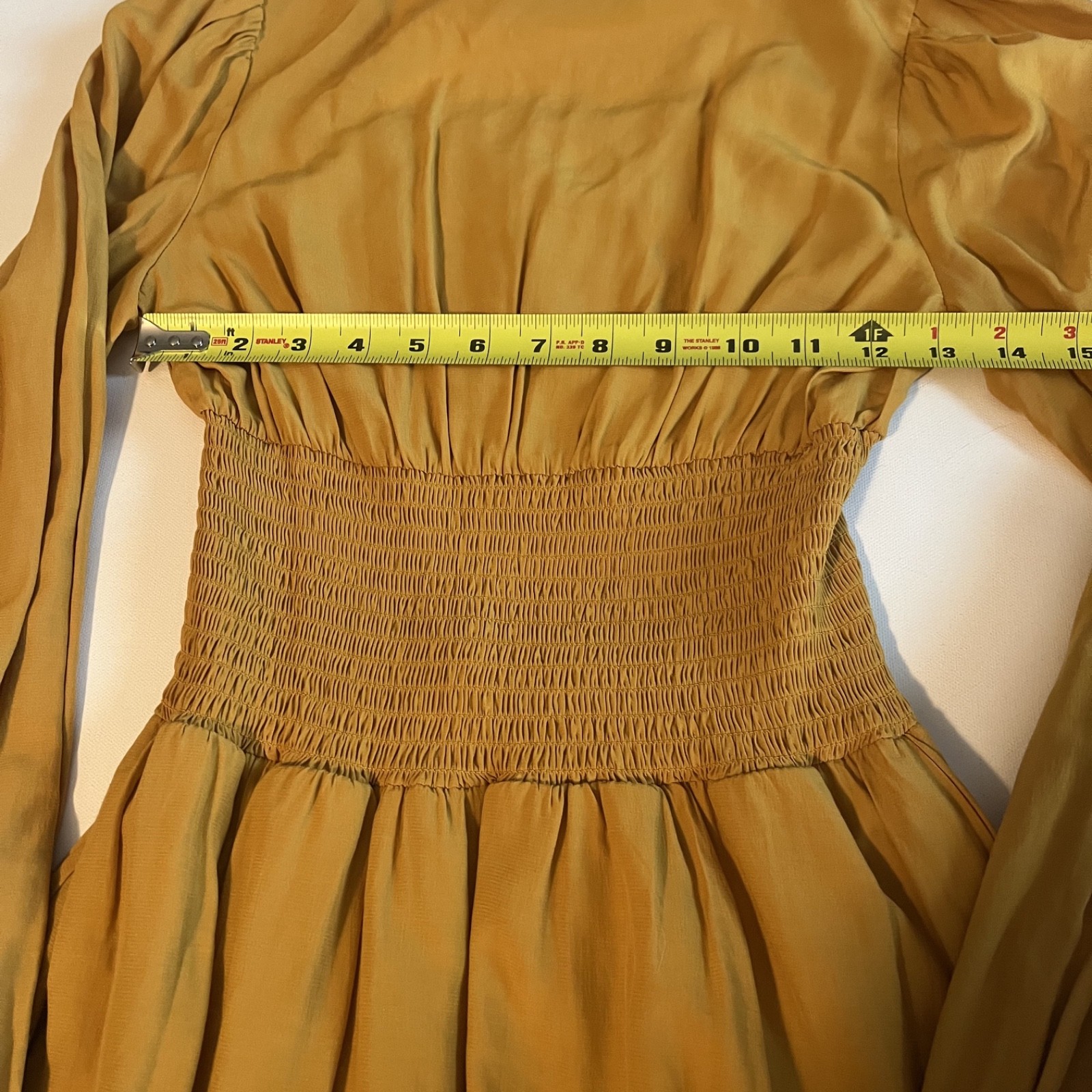 Hesperus Womens Square Neck Mustard Yellow Dress Long Sleeve Ruched Waist Med